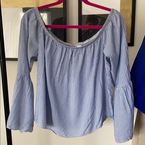 Pinstriped Off the Shoulder Bell Sleeved Blouse